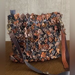 NWTs H2Z Scrap Leather Studded Handbag Blk Brn Floral Catarina Adj. Crossbody